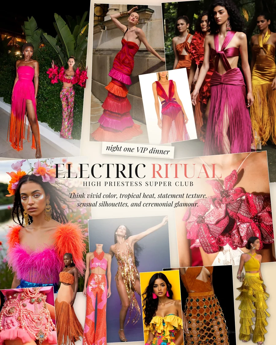 Electric Ritual lookbook, night one VIP dinner: vivid colour, tropical heat, statement texture and ceremonial glamour