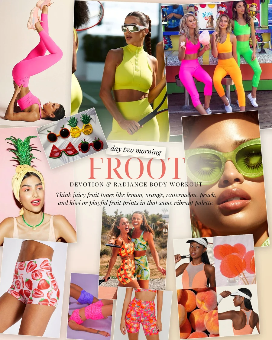 FROOT lookbook, day two morning workout: juicy fruit tones — lemon, orange, watermelon, peach and kiwi