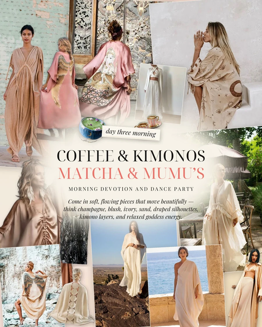 Coffee & Kimonos, Matcha & Mumu's lookbook, day three morning: champagne, blush, ivory and sand in draped kimono layers