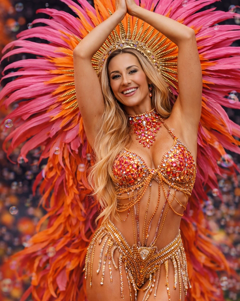 Woman in vibrant carnival costume with feathered headdress in Brazil