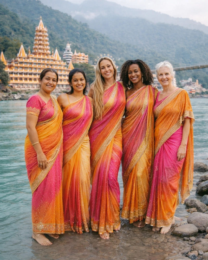 Women in colorful saris by the Ganges river in Rishikesh, India