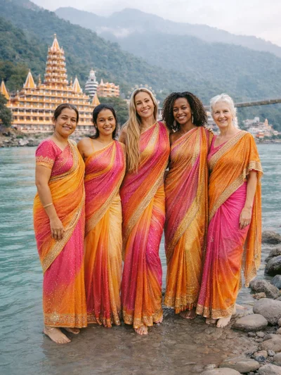 Women in saris at sacred site in India